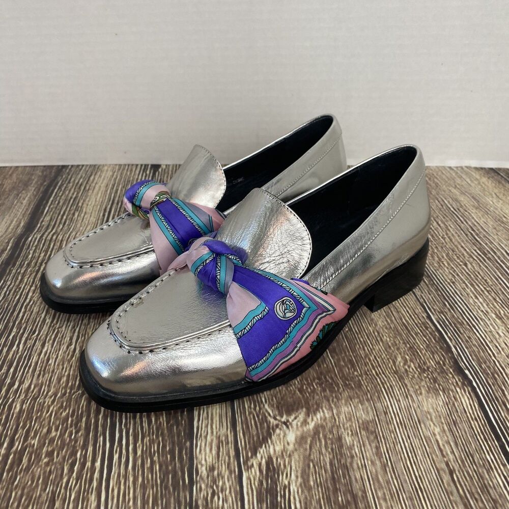Jeffrey Campbell Womens Silver Metallic Bolero Scarf Loafers Sz 6.5 Leather